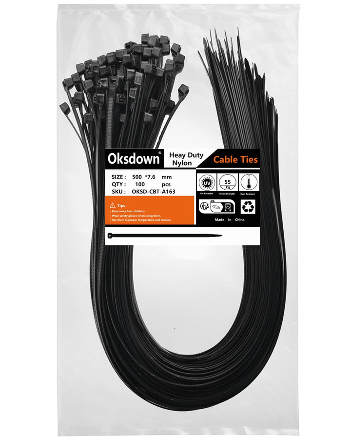 500mm × 7,6mm Breit 100 Stück Extra Stark Kabelbinder mit 55 kg Zugfestigkeit Schwarz UV-Beständig G
