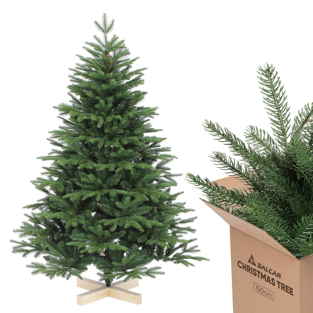 SALCAR Künstlicher Weihnachtsbaum mit Holzständer, Tannenbaum Künstlich 150 cm aus PE Spritzguss &amp; P