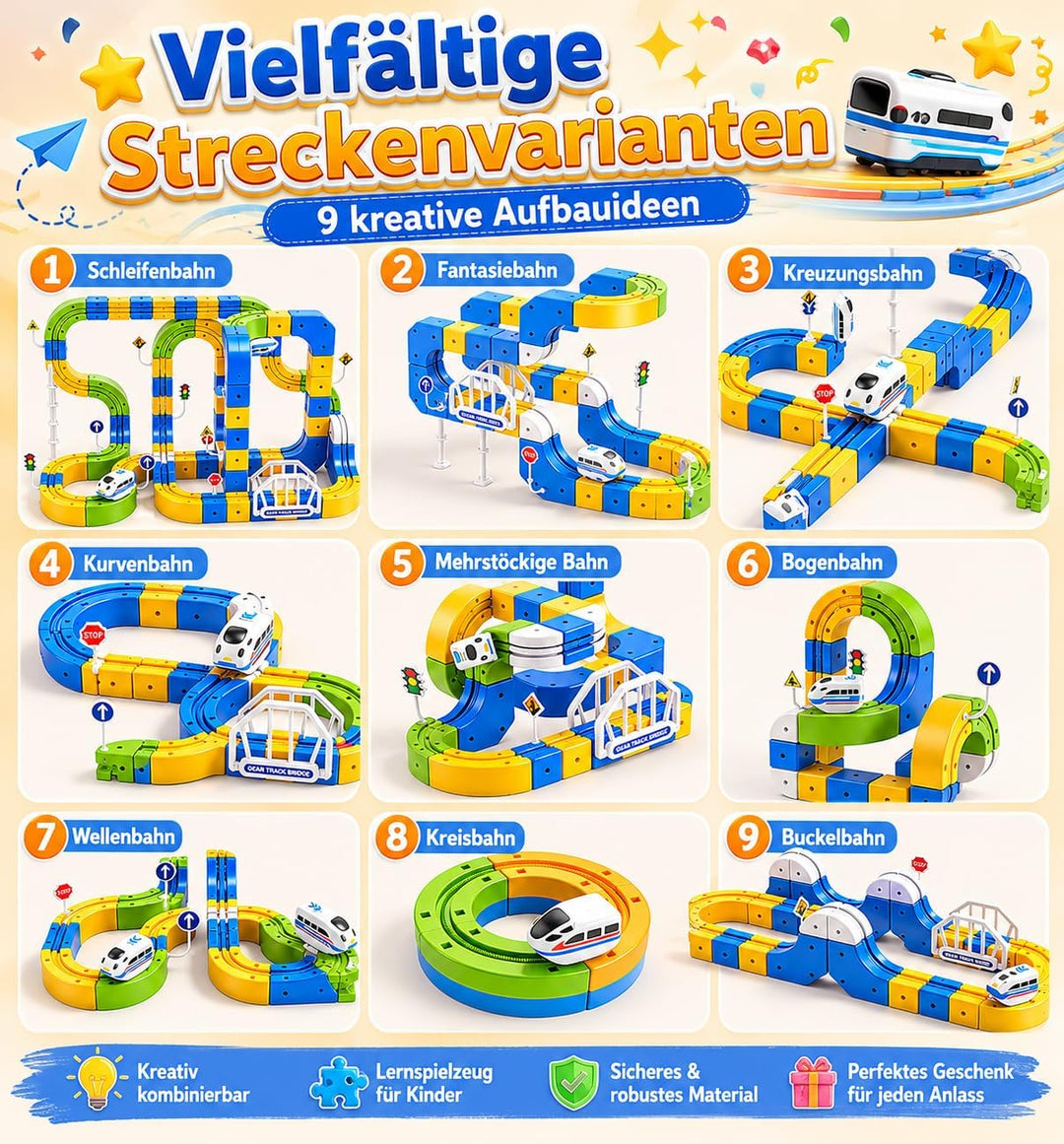168 PCS Eisenbahn Kinder Elektrisch Cube Track Set, 3D Strecke Flexible Rennstrecke DIY Motorisierte