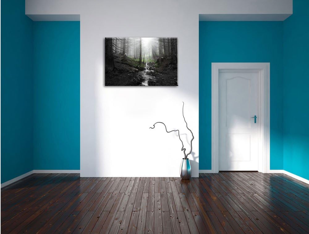 Bach im Wald B&W Detail, Format: 100x70 auf Leinwand, XXL riesige Bilder fertig gerahmt mit Keilrahm