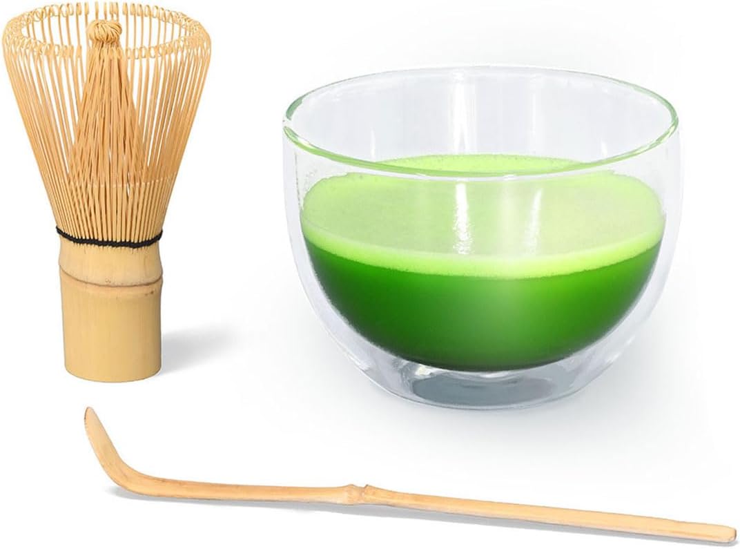 Glas Matcha-Set 3-teilig, 400ml aus doppelwandigem Thermo-Glas/Matcha Schale/Matcha Bambuslöffel/Mat