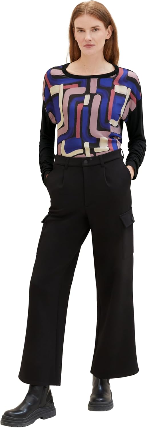 TOM TAILOR Damen Basic Langarmshirt mit Muster XXS 33970 - Black Abstract Design, XXS 33970 - Black