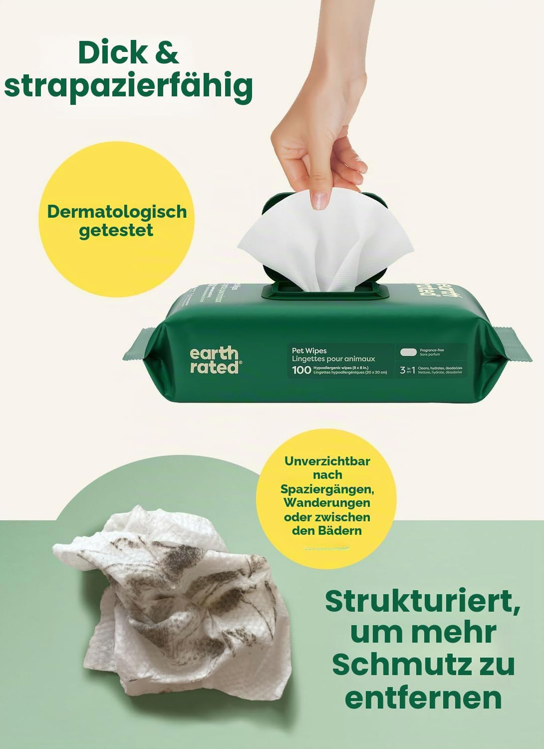Earth Rated Feuchttücher für Hunde, neues aussehen, dicke Pflegetücher auf pflanzlicher Basis zur ei