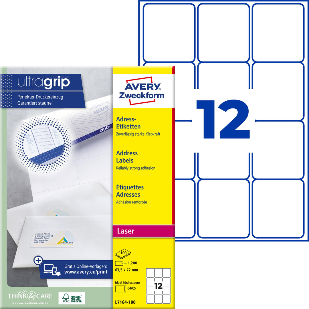 AVERY Zweckform L7164-100 Adressetiketten/Adressaufkleber (1.200 Etiketten mit ultragrip, 63,5x72mm