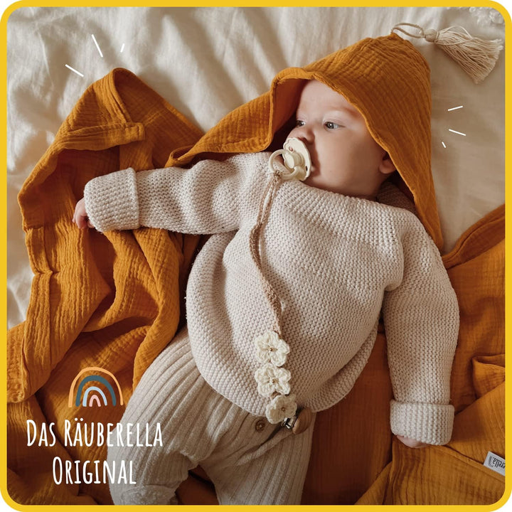 Räuberella® Kapuzenhandtuch-Baby in Senf-Gelb I 75x100cm I Musselin-Badetuch-Baby aus 100% Bio-Baumw