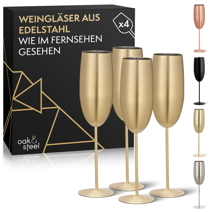 Oak & Steel - 4 Edelstahl Sektgläser (285ml), Champagner & Prosecco Gläser - Gold Matte - Robust & U