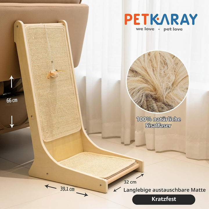 PETKARAY Sisal Kratzbrett Katze, 66 cm L-förmige Kratzbrett, 105° vertikale Kratzfläche, Kratzmöbel