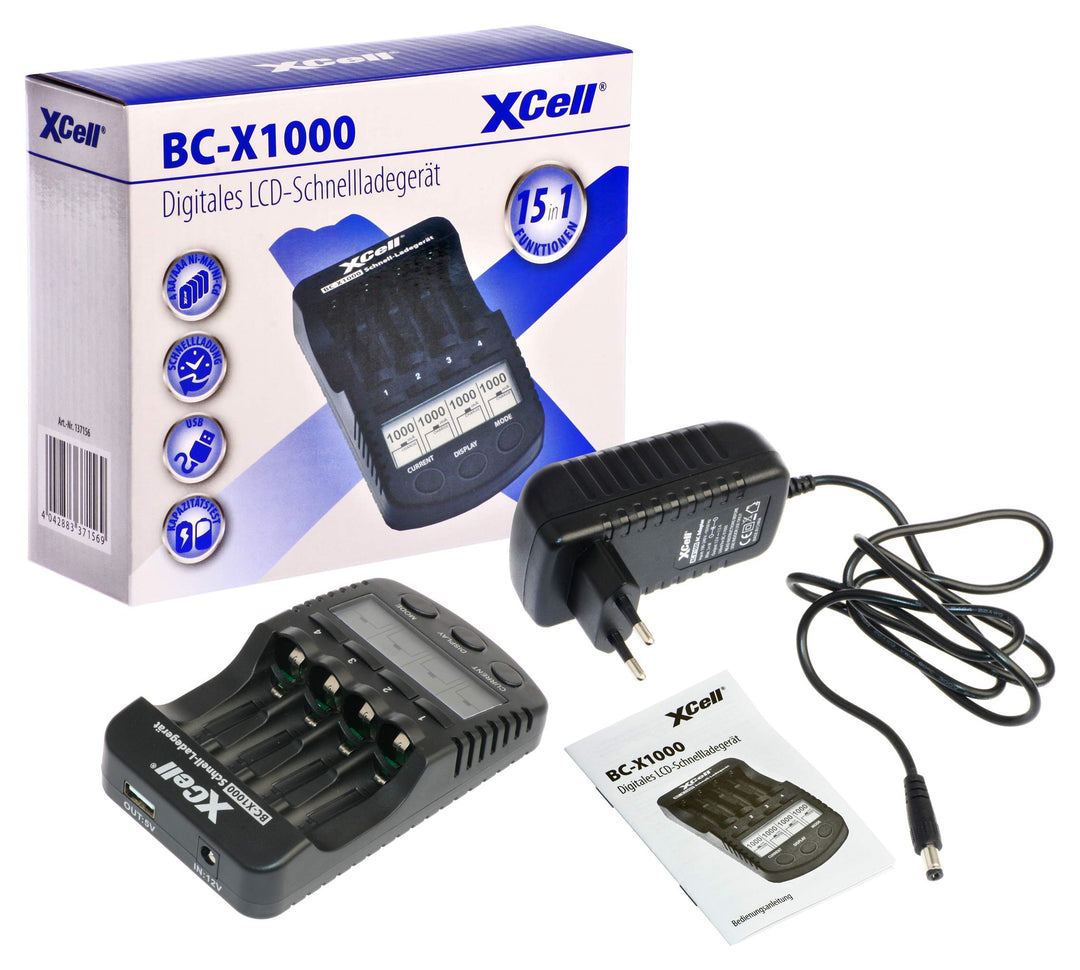 XCell Schnellladegerät BC-X1000 mit LCD-Display (für 1–4 AA & AAA Ni-MH/Ni-Cd Akkus)