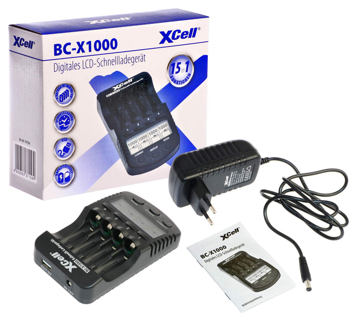 XCell Schnellladegerät BC-X1000 mit LCD-Display (für 1–4 AA & AAA Ni-MH/Ni-Cd Akkus)