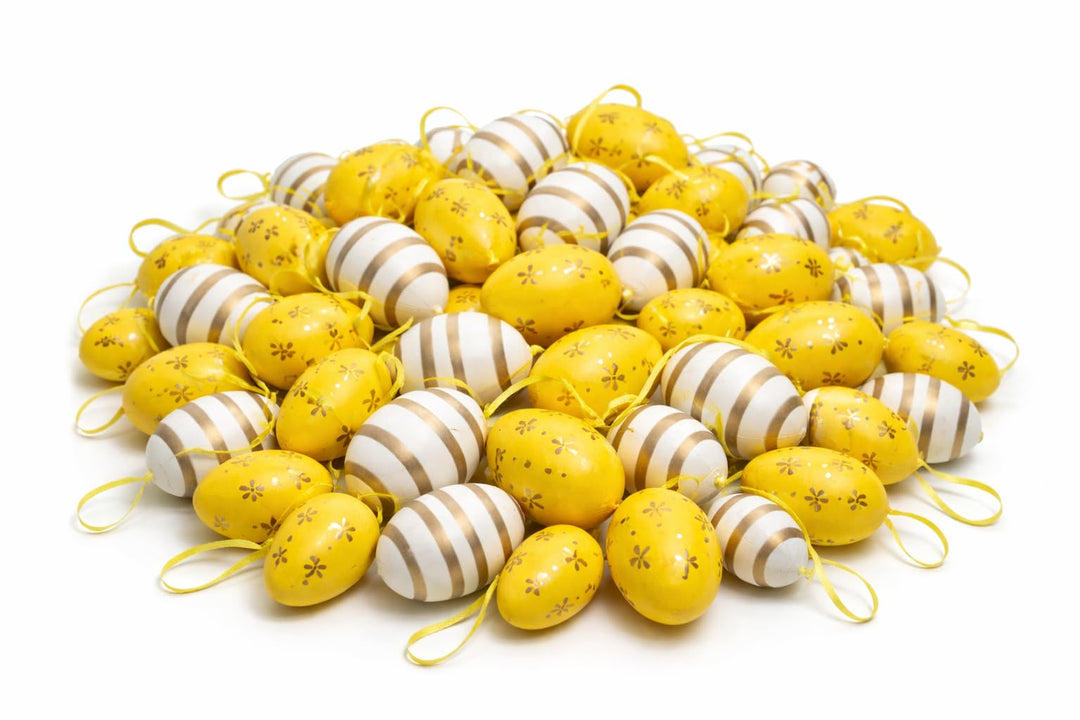 KAMACA 48er Set Ostereier Gelb-Gold – Edles Design mit Streifen & Blumen – Mix aus 24x 6 cm & 24x 4