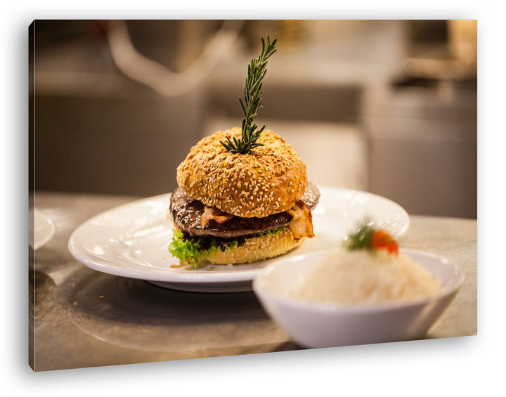 deyoli köstlicher Hamburger im Format: 80x60 als Leinwandbild, Motiv fertig gerahmt auf Echtholzrahm