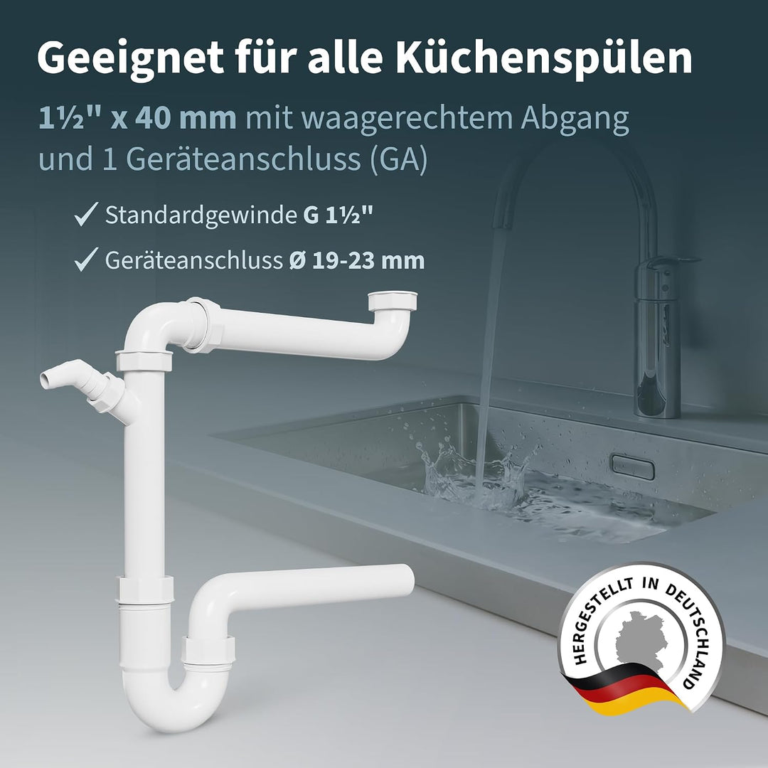 AQUADE Röhrengeruchsverschluss 1 1/2 Zoll Raumsparsiphon mit waagerechtem Abgang 40 mm und 1 Abwasse