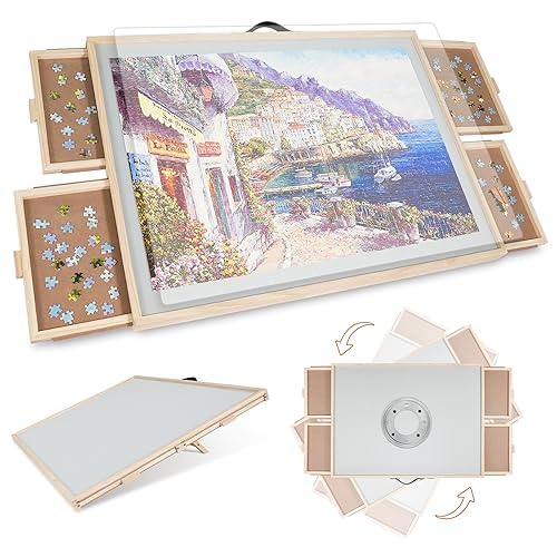 1500 Teile 2-in-1 Neigbares & Drehbares Puzzle-Brett für Erwachsene, Holz-Puzzleschreibtisch mit 4 S