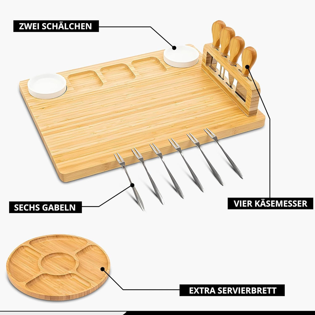 Servierplatte aus Bambus – 35 x 28 cm Käseplatte Set mit 2 Dip-Schälchen, 4 Käsemessern, 6 Gabeln &