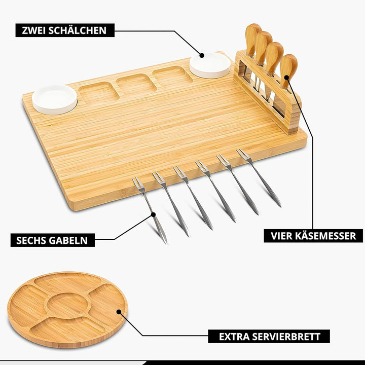 Servierplatte aus Bambus – 35 x 28 cm Käseplatte Set mit 2 Dip-Schälchen, 4 Käsemessern, 6 Gabeln &