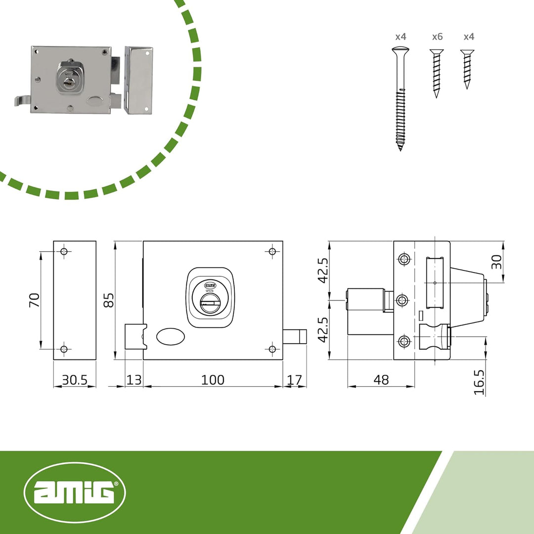 Amig - Aufschraubschloss DIN rechts mit Schliesshebel, Falle und Ziehgriff für Holztüren Mod. 73-100