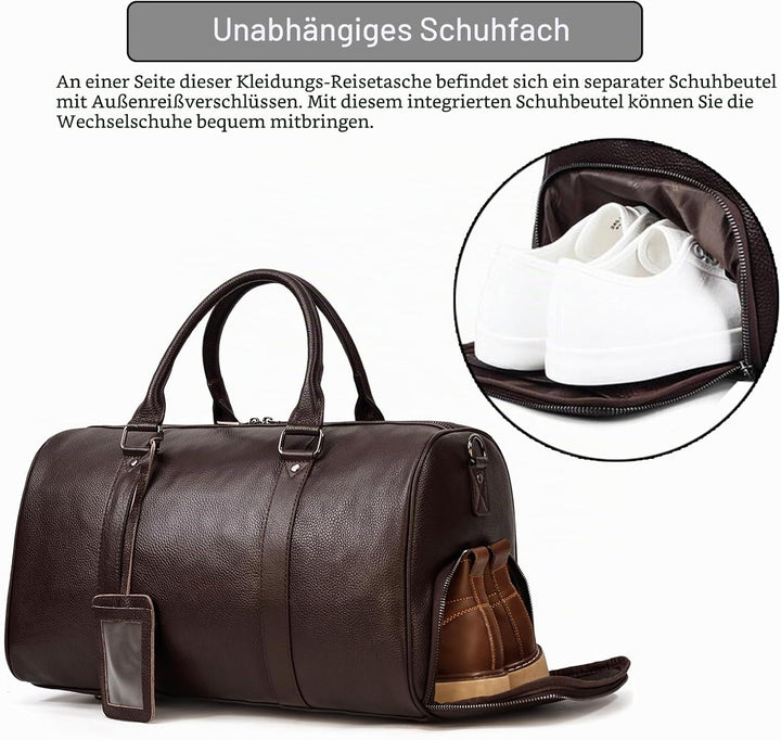 Leder Reisetasche grosse Kapazität Duffel Gepäcktasche mit Schuhfach, Männer Frauen Umhängetasche fü