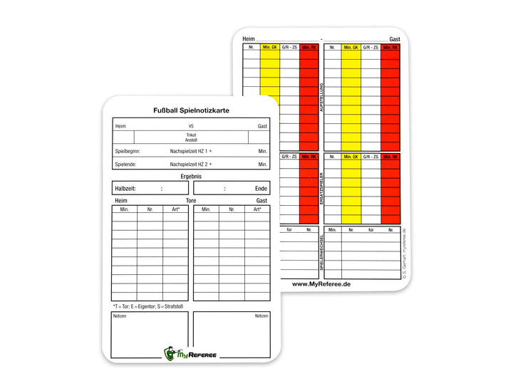 MyReferee Schiedsrichter Spielnotizkarten Fussball 250 Stück Neue Generation gemäss DFBnet