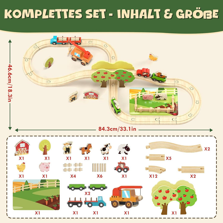 Lehoo Castle Holzeisenbahn, Holz Bauernhof Spielzeug, Holztiere, Kuhstall Spielzeug ab 3 4 5 Jahre M