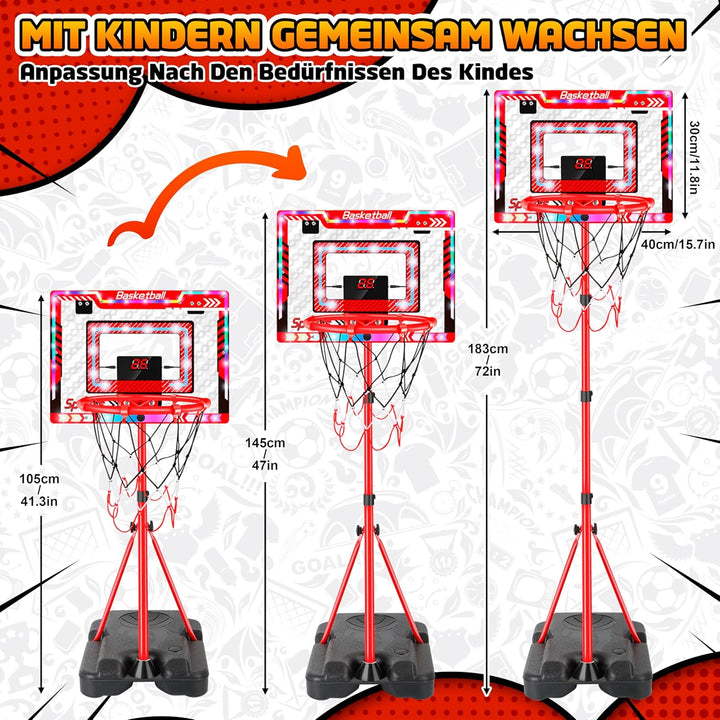 Basketballkorb für Kinder, Höhenverstellbar 105-183cm, Kinderspielzeug Basketball Hoop mit 5 Ball, B