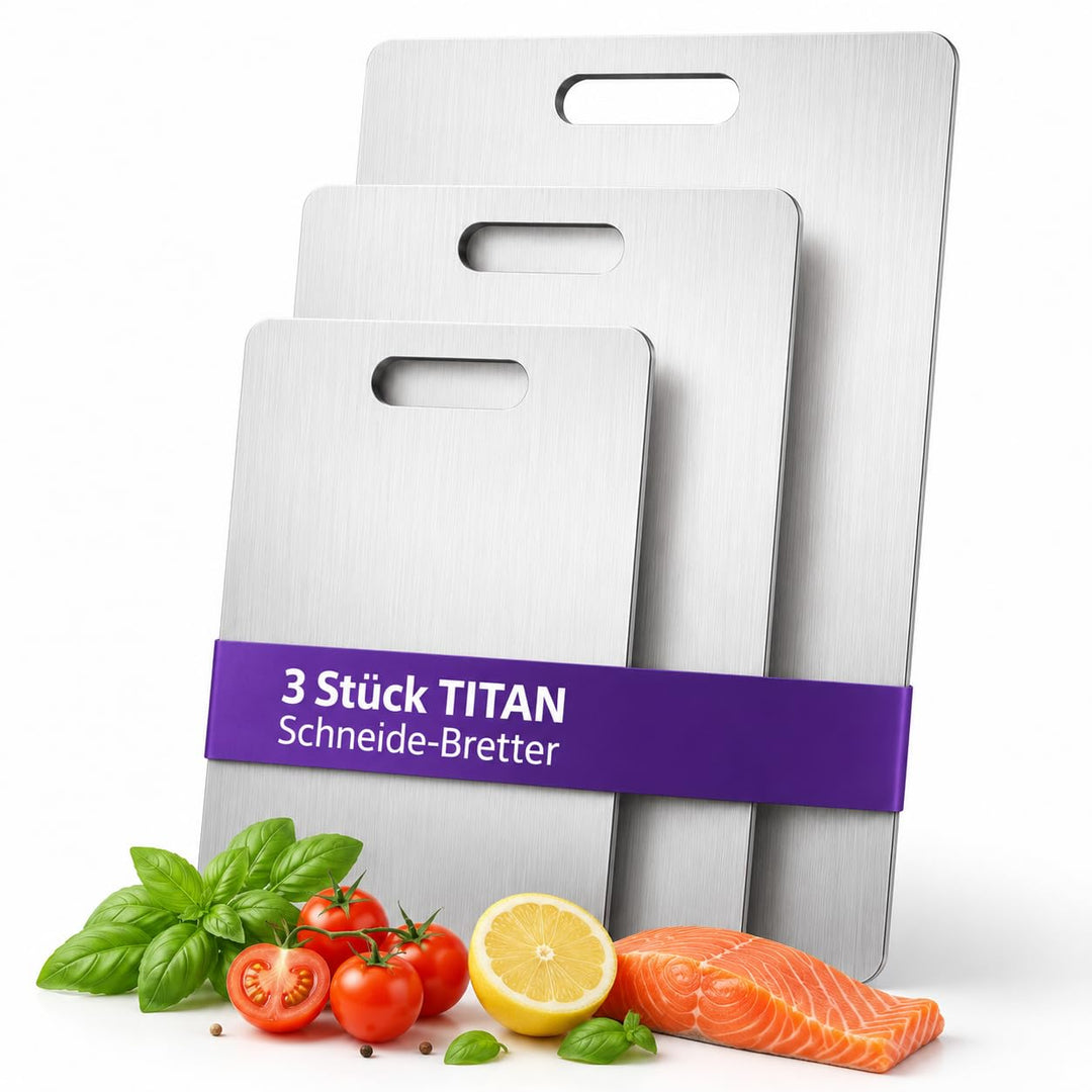 Titan Schneidebrett Set 3-teilig (S+M+L) aus 100% Titan, doppelseitig & BPA-frei – Premium Küchen Sc