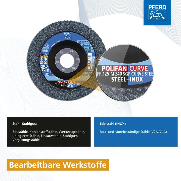 PFERD Fächerscheibe POLIFAN CURVE 2 Stück | Ø 125 mm, Breite M (11 mm), Z40, SGP STEELOX | 69398197