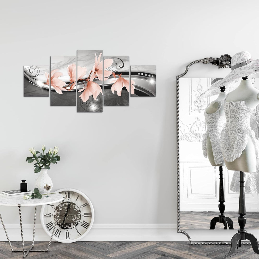 Runa Art Wandbilder Blumen Magnolien 5 Teilig Bild auf Vlies Leinwand Deko Wohnzimmer Abstrakt Schwa