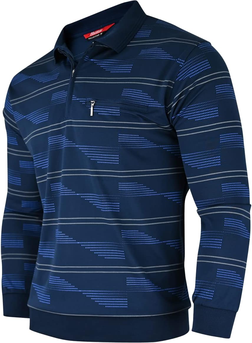 Soltice Herren Langarm Poloshirt mit Brusttasche, Polohemd mit kariert, Gestreiftem Kragen, Blousons
