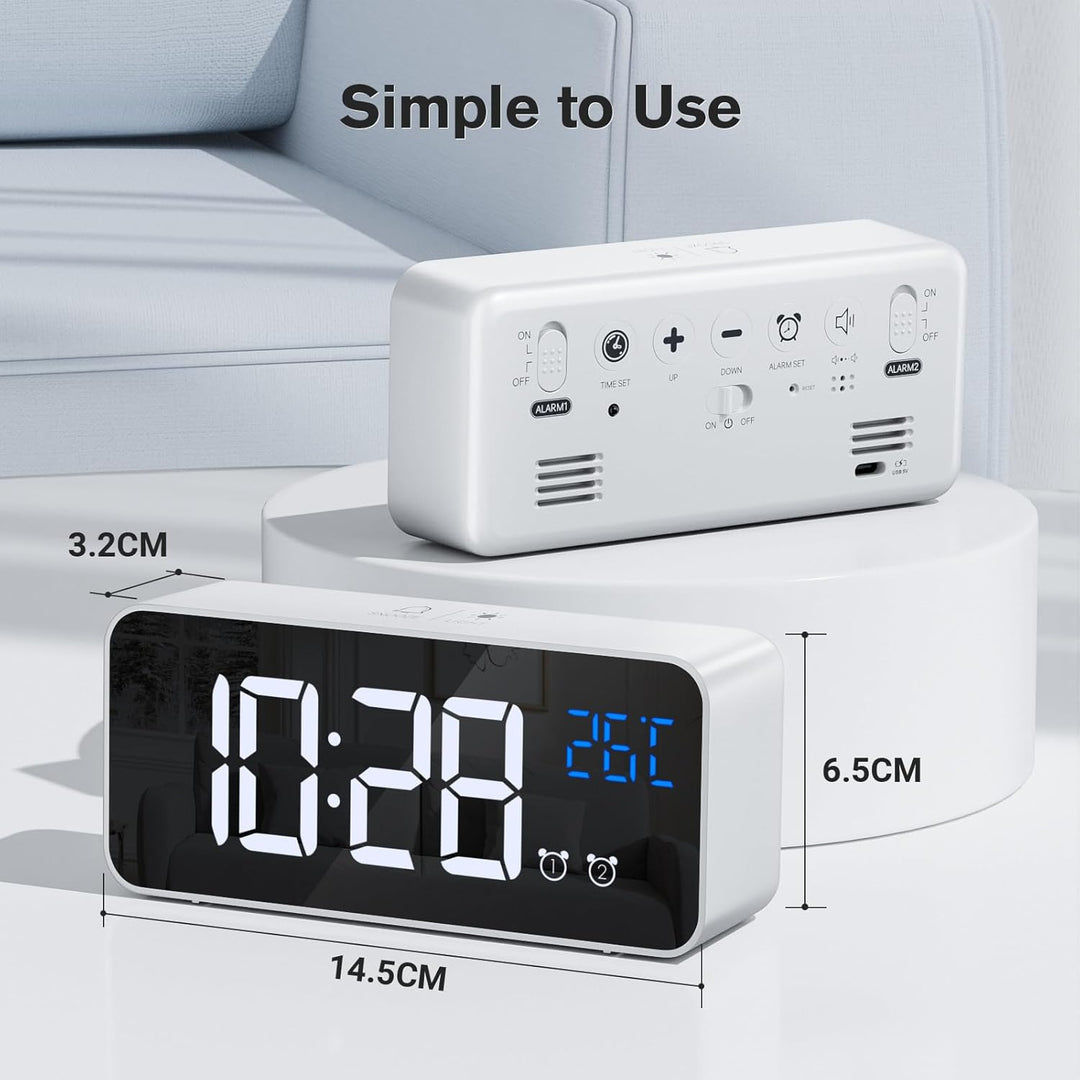 Wecker Digital, LED Digitaluhr mit Temperaturanzeige Tragbarer Spiegelalarm Tischuhr mit 2 Alarmen 1