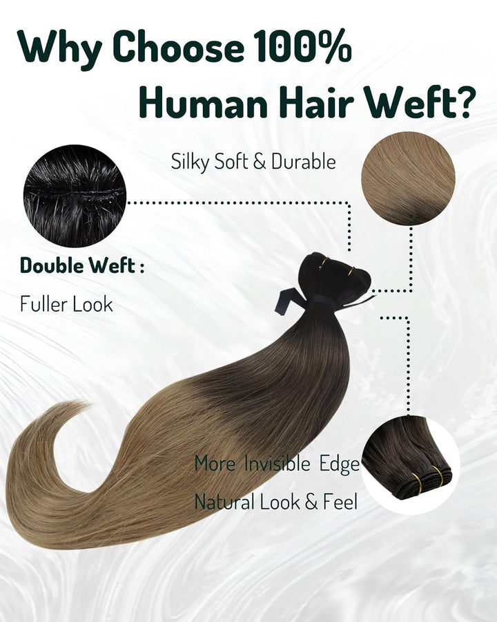 RUNATURE Tressen Echthaar Extensions Balayage Fabre Dunkelbraun mit Mittelbraun und Aschblond Sew in