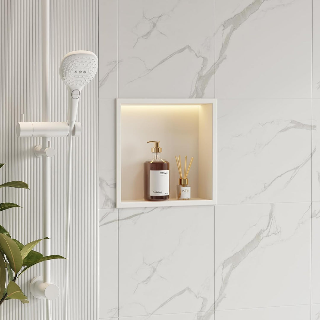 Wandnische Dusche Edelstahl mit LED-Licht, Eingebettete Duschnische Weiss Einzelregal Lagerung für B