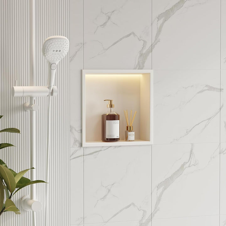 Wandnische Dusche Edelstahl mit LED-Licht, Eingebettete Duschnische Weiss Einzelregal Lagerung für B