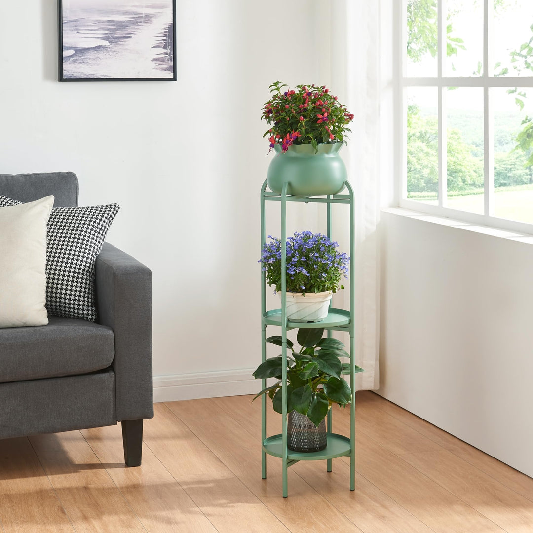 [en.casa] Blumenständer Altena Pflanzenständer mit Blumentopf und 2 Ablagen Metall Grün Pflanzenrega
