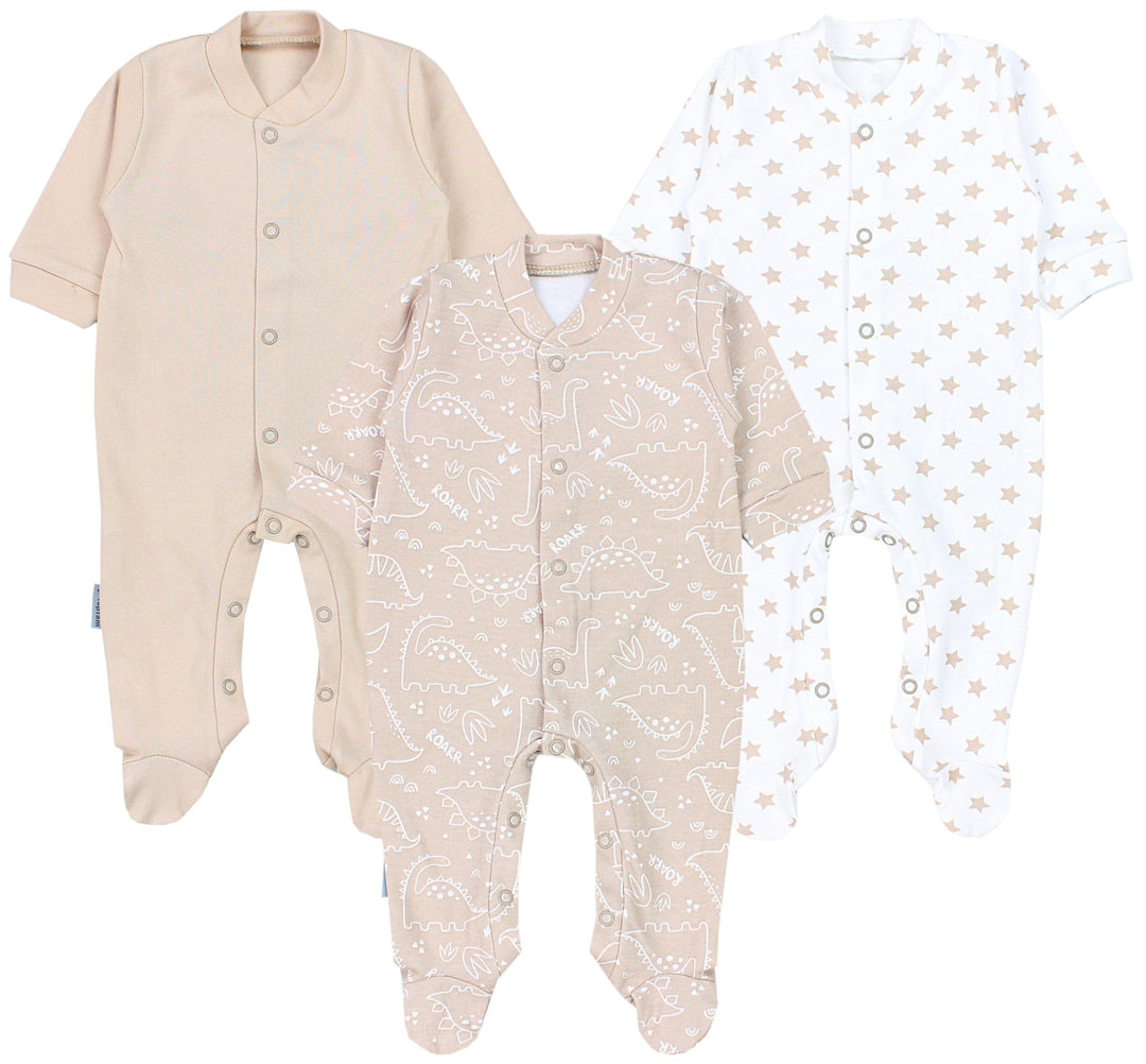TupTam Baby Jungen Schlafstrampler mit Fuss 3-er Pack 86 Dino Park Sterne Beige Weiss, 86 Dino Park
