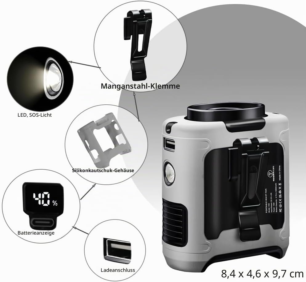 CAZOKASI Verbesserter 10.000 mAh Taillenclip, tragbarer persönlicher Kühlventilator, Grau | Bis zu 4