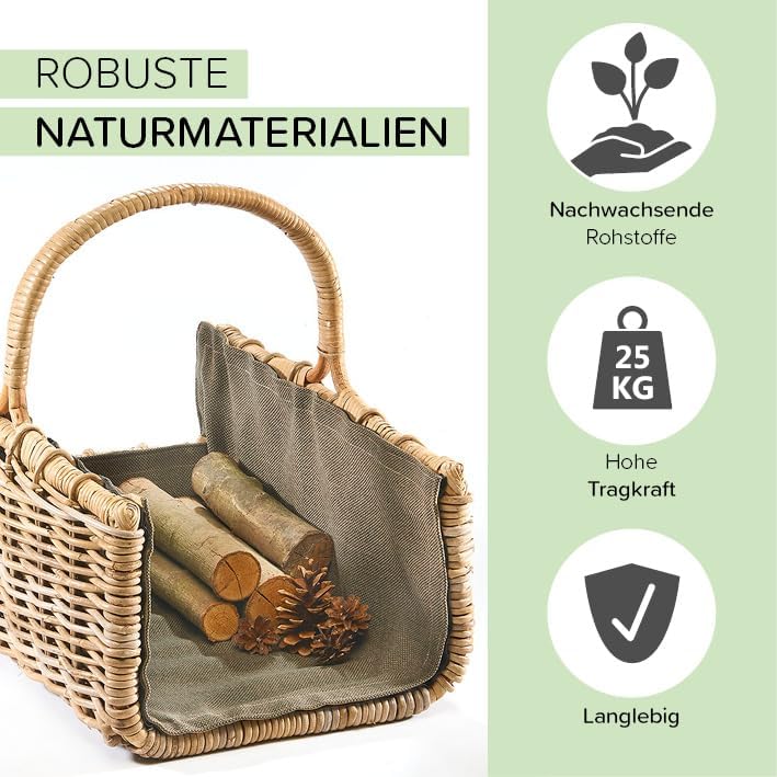 Kobolo Holztrage Holzkorb für Kaminholz eckig - Rattan grau - mit dunklem Stoff ausgestattet