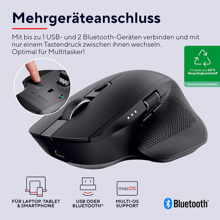 Trust Ozaa+ Kabellose Maus Bluetooth + 2.4GHz, Programmierbare Mehrgeräte Funkmaus, Seitliches Mausr