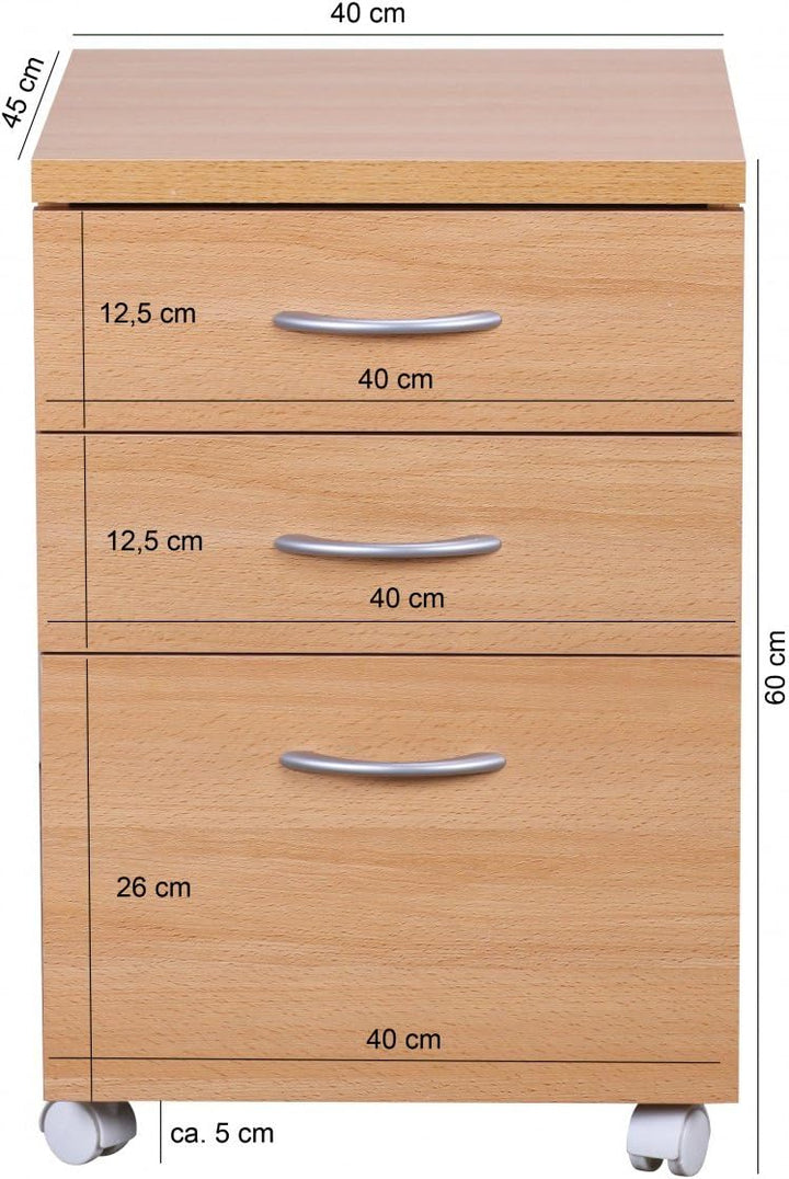 Wohnling Rollcontainer Ottawa 40 x 60 x 45 cm Unterschrank mit Rollen Buche | Rollwagen mit Schublad
