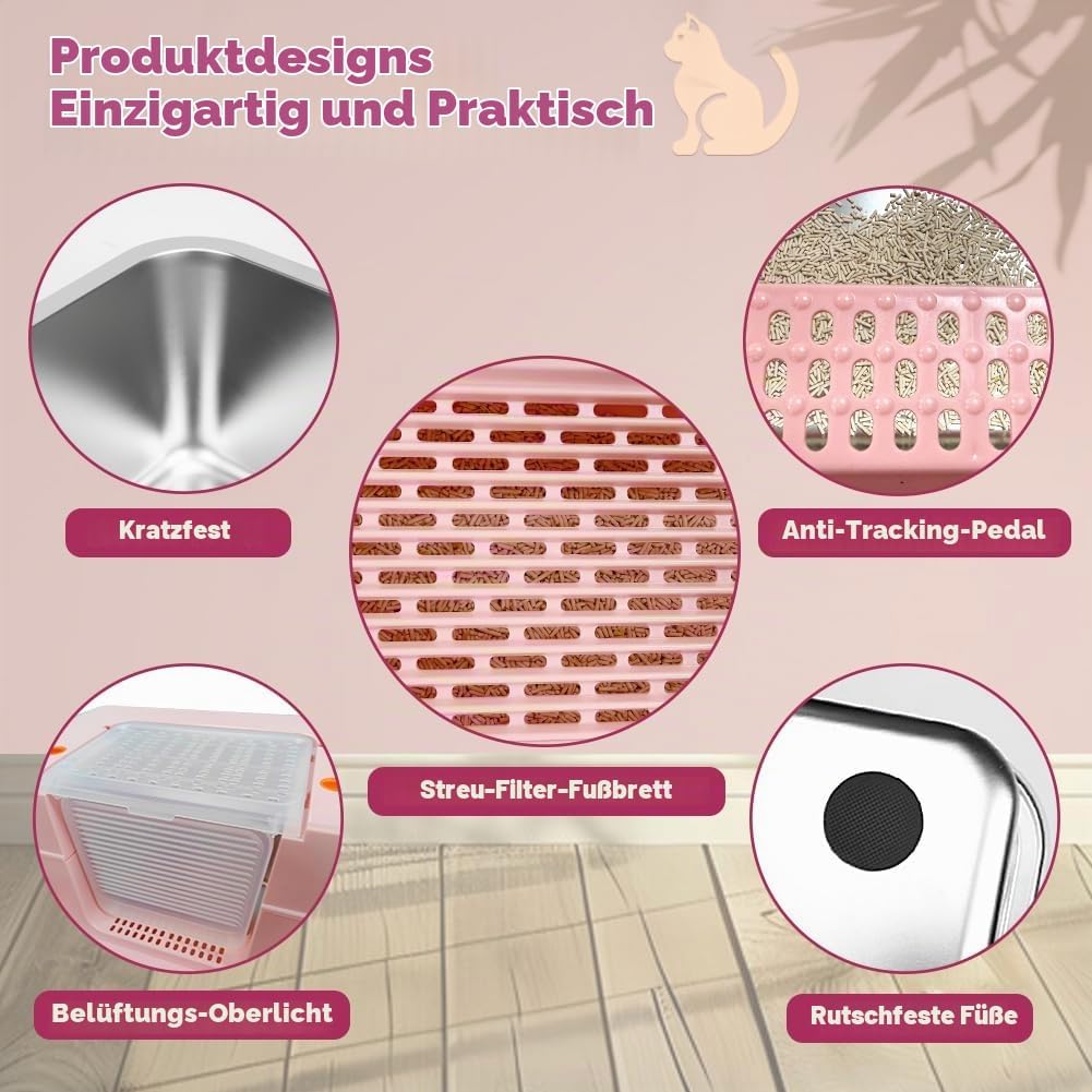 Vivifying Katzenklo Edelstahl mit Deckel, XL Leicht zu Reinigen und Geruchsresistent Katzentoilette
