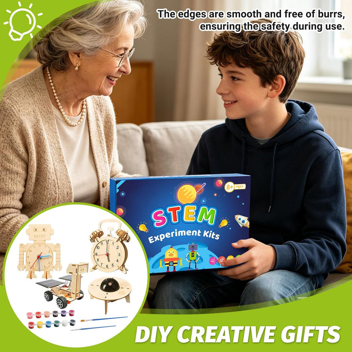 4Stk STEM Experimente für Kinder ab 8-14 Jahre, Elektronik Baukasten & Experimentierkasten, Holz DIY