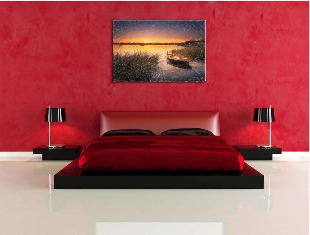 Pixxprint Segelschiffe an der Küste im Sonnenuntergang Kunst Buntstift Effekt, Format: 100x70 auf Le