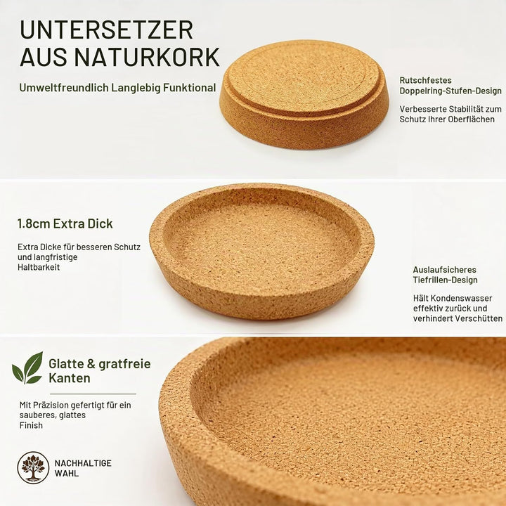 Korkuntersetzer Rund mit Rand 20 Stück, Saugfähig für Tassen &amp; Gläser | Hitzebeständig, 10,2 cm Durc