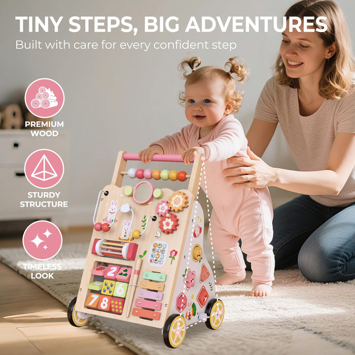 Lauflernwagen aus Holz für Mädchen und Jungen, Montessori-Aktivitätszentrum für Babys, einstellbare