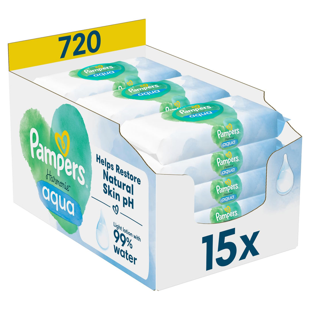 Pampers Harmonie Aqua Baby Feuchttücher Box, 720 Tücher (15 x 48), sanfter Hautschutz für zarte Haut