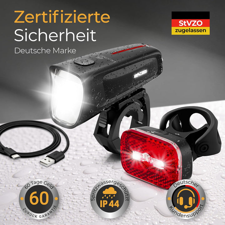Fahrradlicht 100 Lux - 2000 mAh Akku - mit Reflektor und Bremslicht - StVZO zugelassen, USB-C auflad
