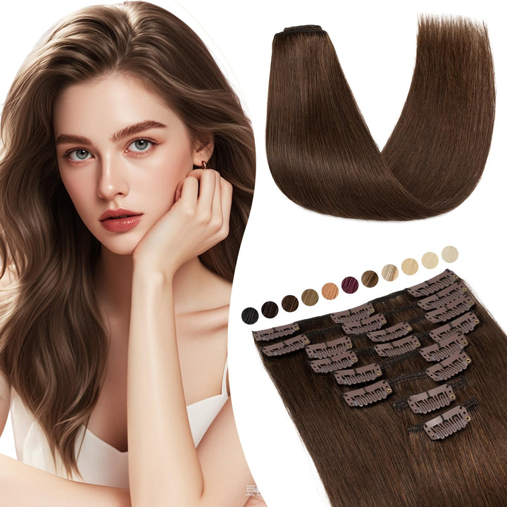 Elailite Extensions Echthaar Clip in 8 Tressen Glatt #4 Mittel braun, Haarverlängerung Real Human Ha
