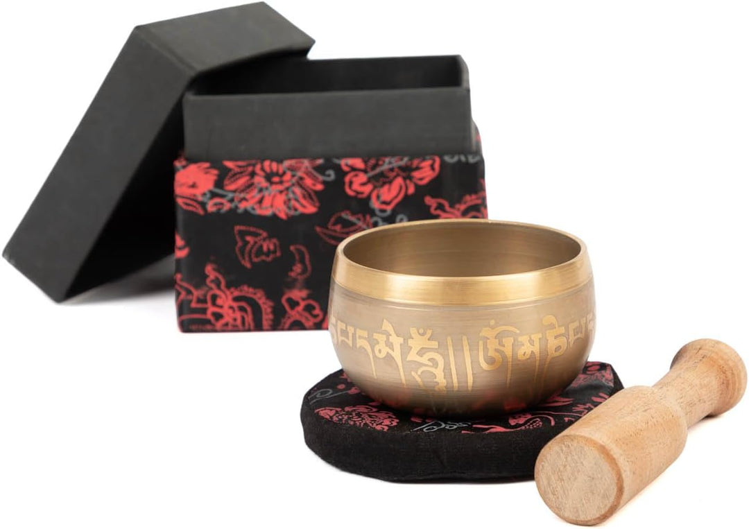 Indische Klangschalen mit Schriftzeichen-Verzierung und Geschenkbox | Singing Bowl Ø 8cm | Klangther