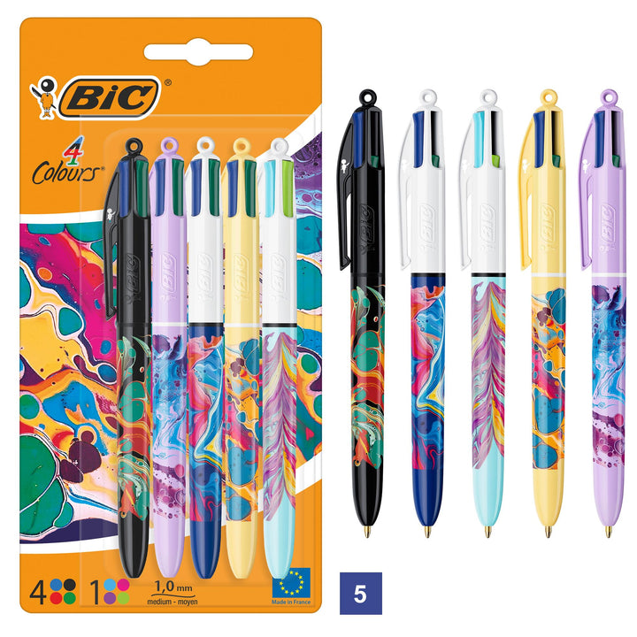 BIC 4 Farben Kugelschreiber Set 4 Colours Dekor Botanik, verschiedene Designs, 5er Pack, nachfüllbar