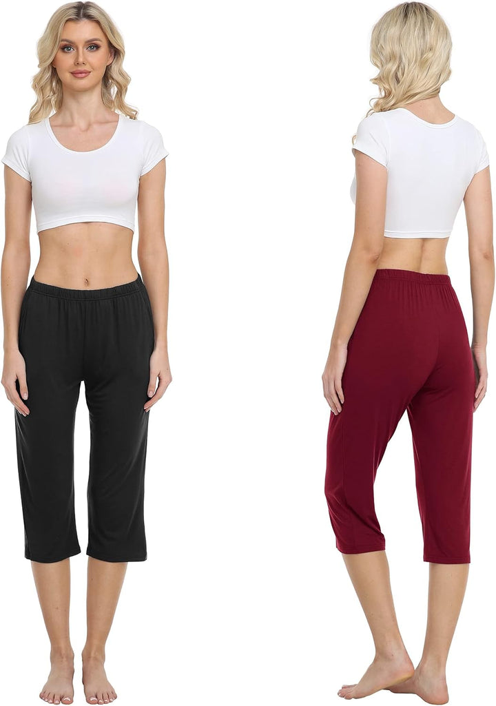 MoFiz Damen Schlafanzughose 3/4 Lang Schlafhose Modal Nachtwäsche Weich Pyjamahose Freizeithose mit
