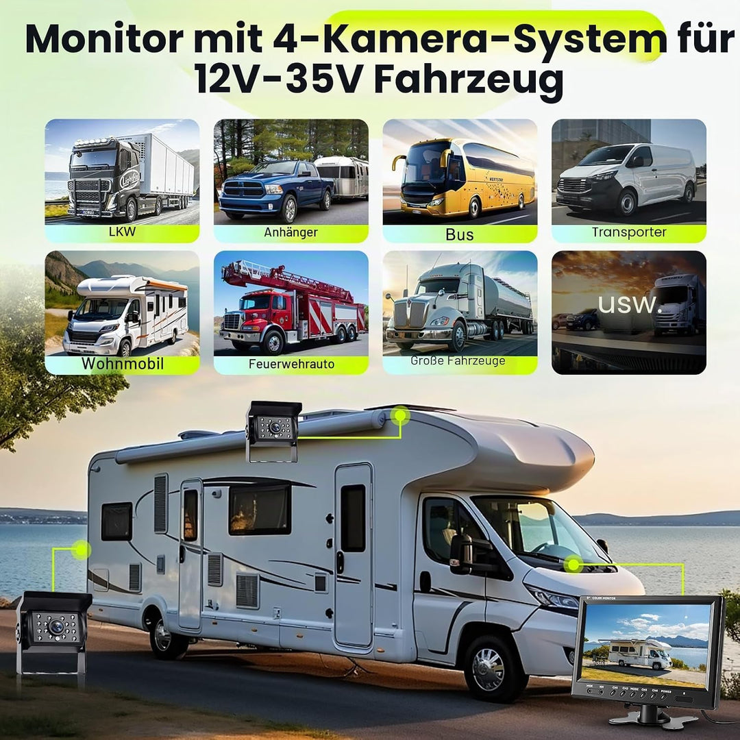 Podofo Vans RV Rückfahrkamera Set, 9 Zoll Monitor 4 Kameras, 4-Geteiltes Display 4-Kanal Video, IP68